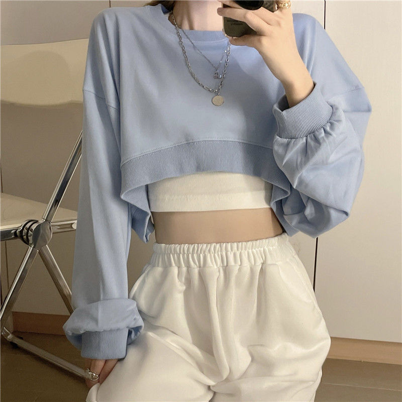 Sonicelife Streetwear Women Sexy Solid Cropped Sweatshirts Oversize Loose Harajuku BF Pullovers Spring Korean Chic Casual Y2k Tops