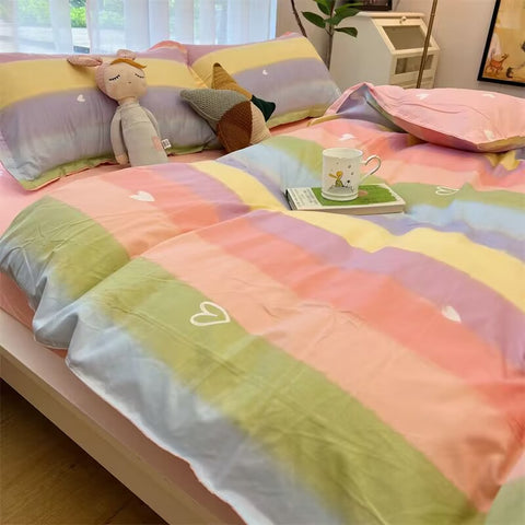 Sonicelife Korean Style Tie-Dye Bedding Set Flat Bed Sheet Pillowcase Twin Full Queen Size Bed Linen Women Girls Pink Duvet Cover Set