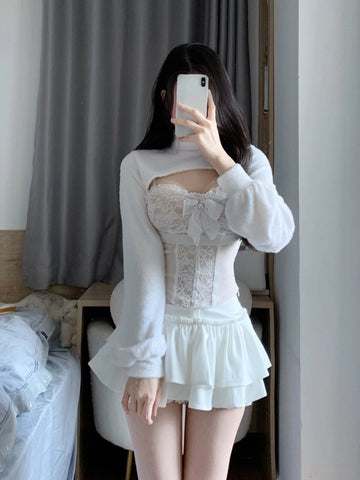 Sonicelife Korean Fashion White Skirt Sets Women Casual Slim Crop Tops + Sexy Y2K Lace Vest + Sweet Party Kawaii Mini Skirt 2025 Spring