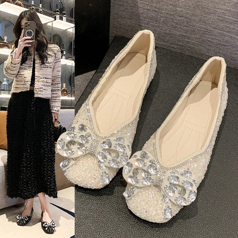 Sonicelife 2025 Spring Woman Elegant Square Toe Sequins Kawaii Ballet Flats Barefoot Designer Luxury   Female Shoes Party