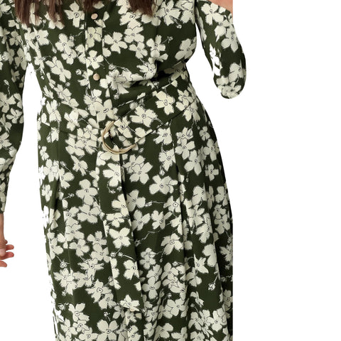 Sonicelife Women's Floral Printed Long Sleeve Dress, Long Skirt with Pleats, Slimming Waist Belt, Temperament, New, Shirt Style