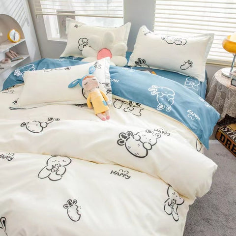 Sonicelife Rabbit Bedding Set Cute Sweetheart Spring Soft Flat Sheet Duvet Cover Pillowcase Single Double Queen Size Bed Linen