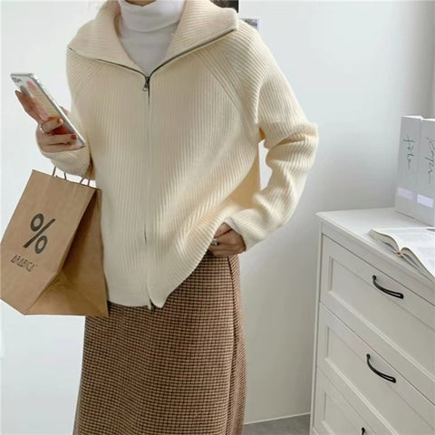 Sonicelife Vintage Zipper Women Cardigan Sweaters Korean Casual Long Sleeve Lazy Wind Knitted Coat Fall Retro Turn Down Collar Tops