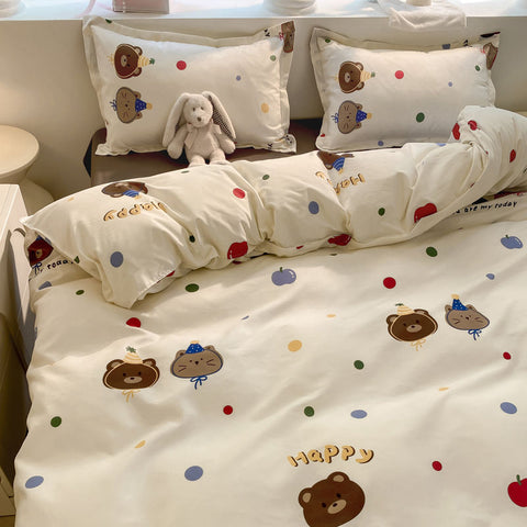 Sonicelife Kawaii Bear Bedding Set No Filler Ins Single Queen Size Duvet Cover Flat Sheet Pillowcase Kids Adult Boys Home Hotel Bed Linens