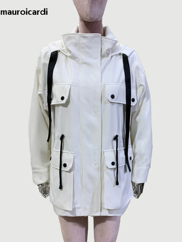 christmas outfit Sonicelife Spring Autumn Cool Windproof White Windbreaker Women with Drawstring Hood Many Pockets Zip Up Chic Cargo Jacket 2025