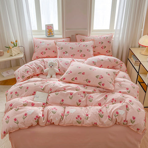 Sonicelife Pink Tulip Double Layer Yarn Quilt Cover Bed Sheet Pillowcase Twin Queen Size Bedding Set Girls Women Duvet Cover Set No Filler