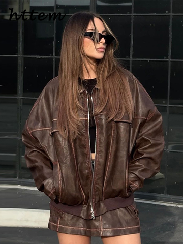 Sonicelife Vintage Women's Leather Jacket Mini Skirt Sets Y2k Lapel Zipper Jackets Pockets Short Skirts 2024 Autumn Lady Locomotive Outfits