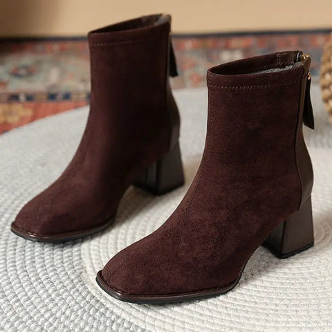 Sonicelife Fashion Thick Heel Short Boots  2025  Winter New Square Headed Suede Short Boots Women Plush Warm High Heels  Boots