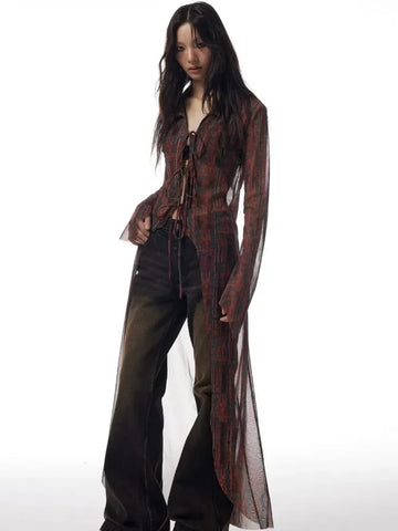 Sonicelife Summer American Retro Print Cardigan Jackets Women Long Sleeve Mesh Sun Protection Coat Women Y2k Grunge Slim Fit Blusas Shirts