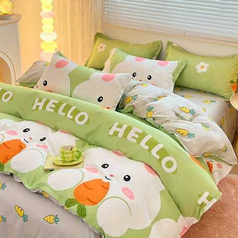 Sonicelife Cute Rabbit Carrot Bedding Set Soft Green Flat Sheet Quilt Cover Pillowcase Bed Linen Twin Queen Full Size Floral Duvet Cover