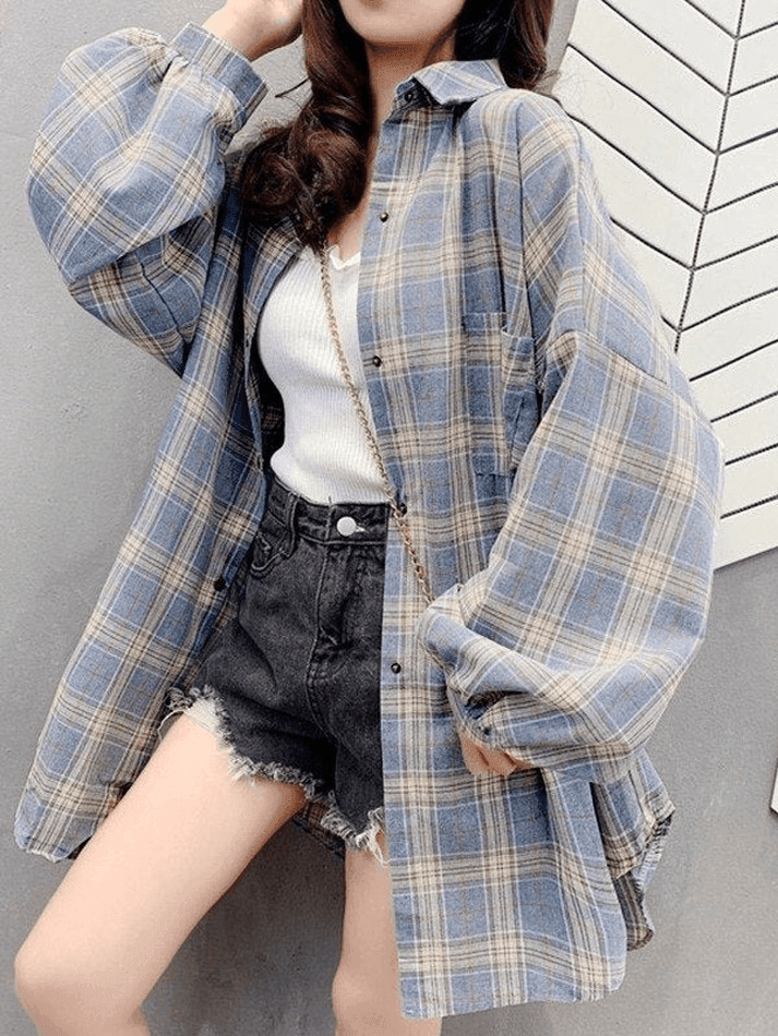 Sonicelife Checkered Baggy Long Sleeve Button Blouse