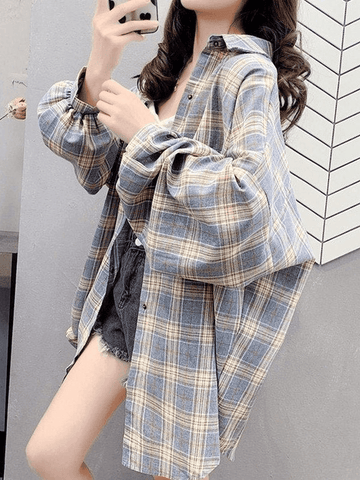 Sonicelife Checkered Baggy Long Sleeve Button Blouse