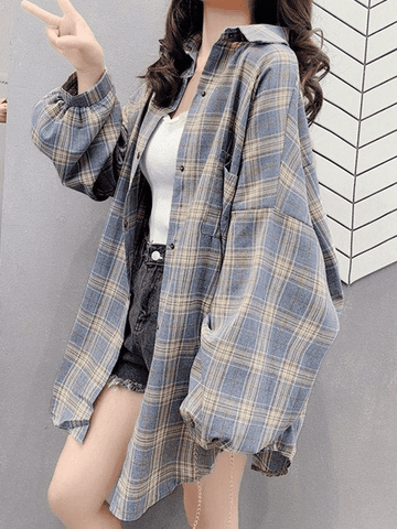 Sonicelife Checkered Baggy Long Sleeve Button Blouse