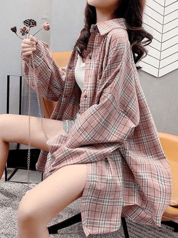 Sonicelife Checkered Baggy Long Sleeve Button Blouse