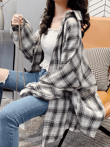 Sonicelife Checkered Baggy Long Sleeve Button Blouse