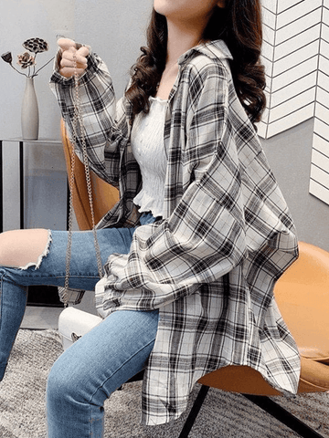 Sonicelife Checkered Baggy Long Sleeve Button Blouse