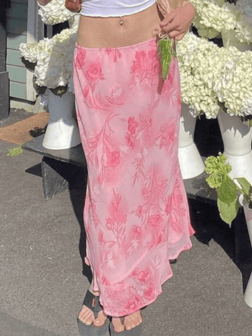 Sonicelife-Chiffon Floral Print Midi Skirt