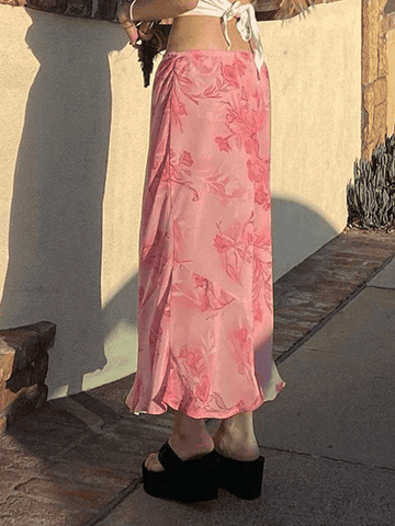Sonicelife-Chiffon Floral Print Midi Skirt