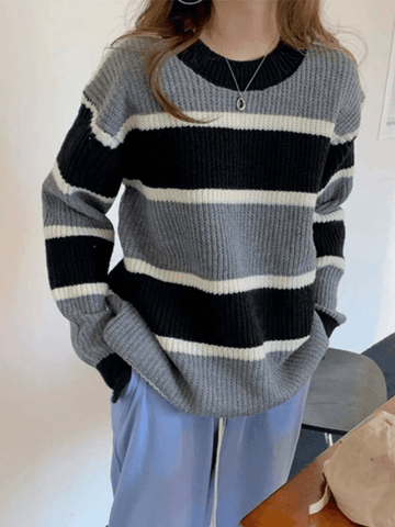 Back To School Sonicelife Color Block Striped Knit Sweater