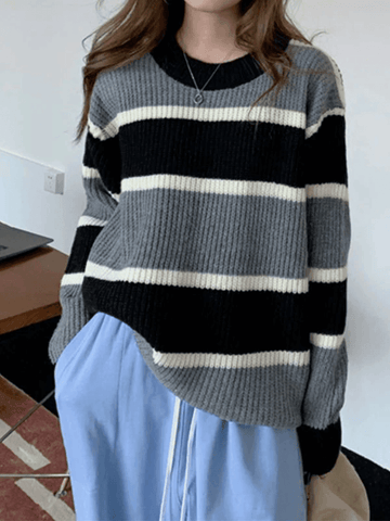 Back To School Sonicelife Color Block Striped Knit Sweater