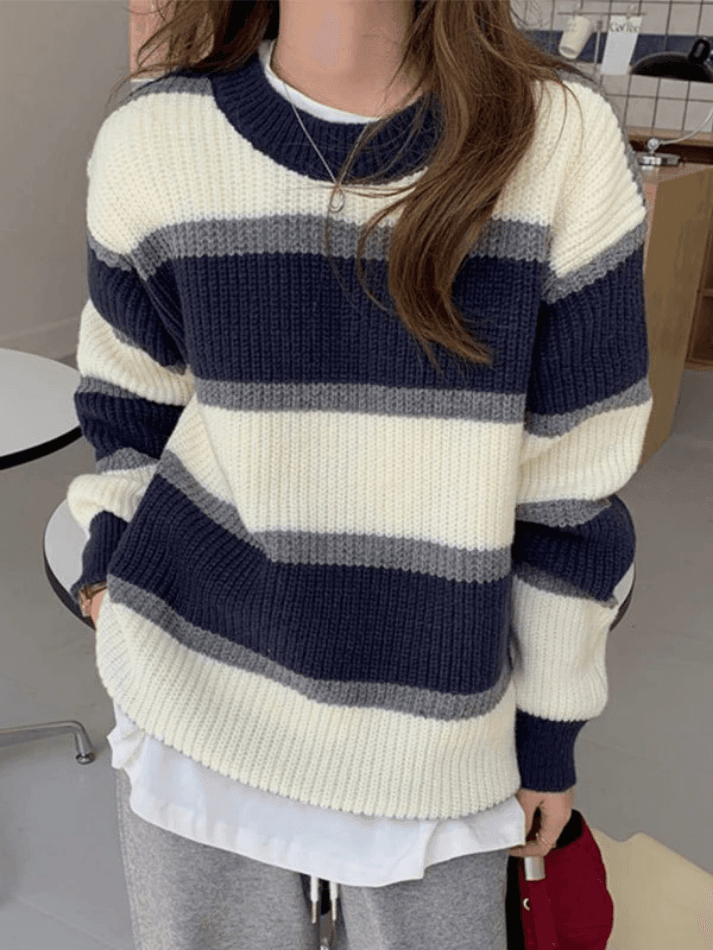 Back To School Sonicelife Color Block Striped Knit Sweater