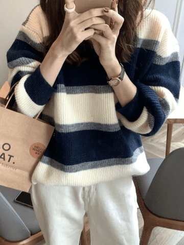 Back To School Sonicelife Color Block Striped Knit Sweater