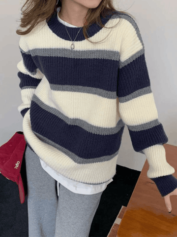 Back To School Sonicelife Color Block Striped Knit Sweater