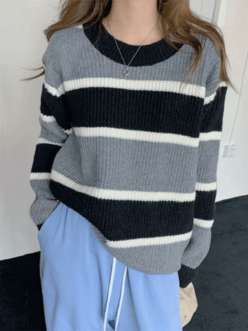 Back To School Sonicelife Color Block Striped Knit Sweater