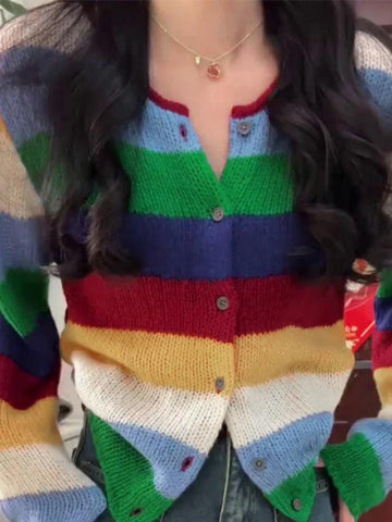 Sonicelife-Contrast Color Rainbow Stripe Cardigan