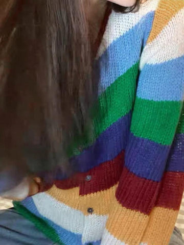 Sonicelife-Contrast Color Rainbow Stripe Cardigan