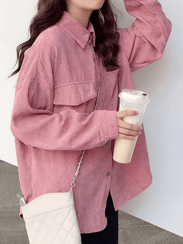 Sonicelife Corduroy Long Sleeve Button Blouse