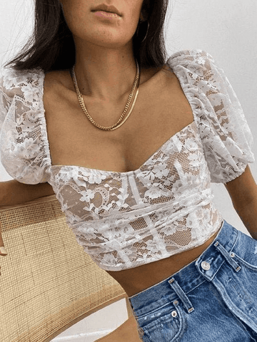 Sonicelife Cropped Lace Puff Sleeve Blouse