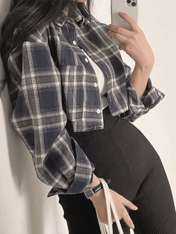 Sonicelife Cropped Long Sleeve Checkered Blouse