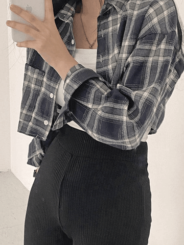 Sonicelife Cropped Long Sleeve Checkered Blouse