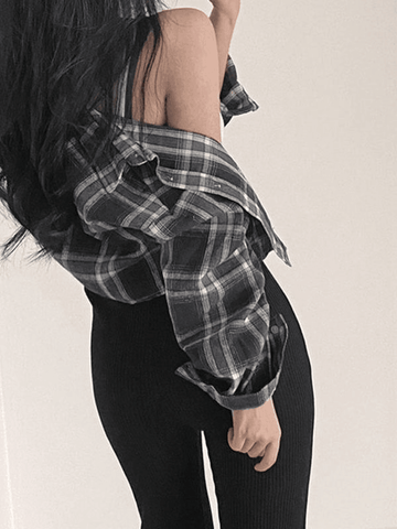 Sonicelife Cropped Long Sleeve Checkered Blouse