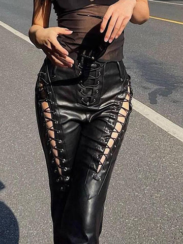 Sonicelife Cut-out Lace Up Pu Leather Pants