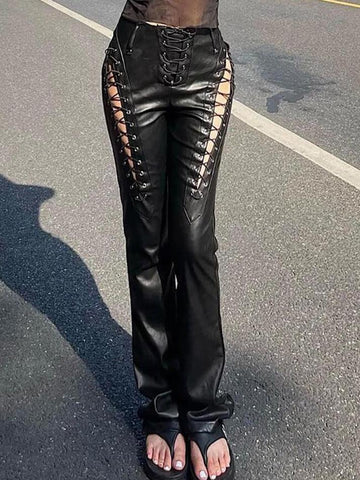 Sonicelife Cut-out Lace Up Pu Leather Pants