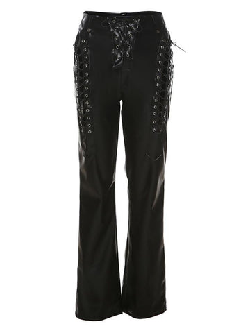 Sonicelife Cut-out Lace Up Pu Leather Pants