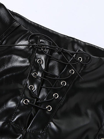 Sonicelife Cut-out Lace Up Pu Leather Pants