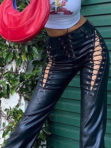 Sonicelife Cut-out Lace Up Pu Leather Pants