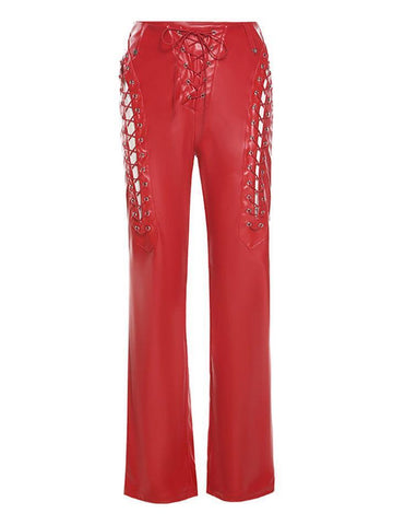 Sonicelife Cut-out Lace Up Pu Leather Pants