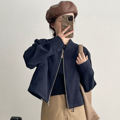 Sonicelife American Vintage Jacket Women Y2K Autumn Stand Collar Long Sleeve Zipper Short Coat Harajuku Streetwear All Match Motorcycle Top