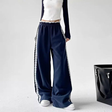 Sonicelife Lace Patchwork Sweatpants Women Y2K Streetwear High Waist Wide Leg Pants Korean Fashion Casual Elastic Waist Straight Trousers