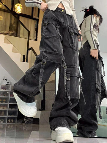 Sonicelife-Street Multi Pocket High Rise Cargo Jeans