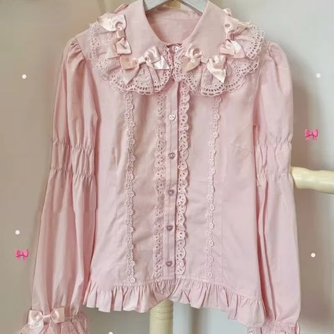 Sonicelife Japanese Style Sweet Kawaii Shirts Women Y2k Harajuku Bow Lace Ruffles Long Sleeve Blouse Evening Party Elegant Lolita Tops New