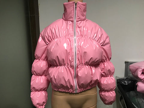 Sonicelife Bright PU Leather Pink Puffer Down Jackets for Winter Women Shiny Thick Puffer Jacket Warm Bubble Zipper Stand Collar Crop Parka