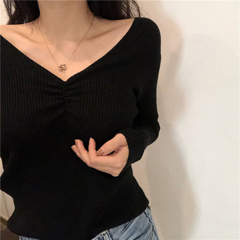 Sonicelife Sexy V Neck Women Sweater Autumn Knitted Pullover Jumper Chic Soft Korean Slim Long Sleeve Female Basic Top New
