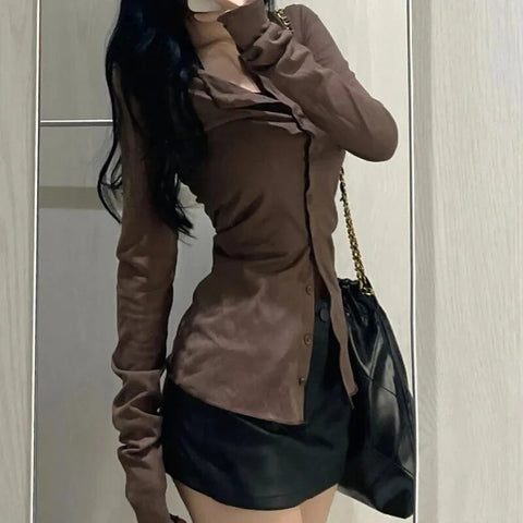Sonicelife Streetwear Women Shirts Korean Fashion Female Slim Fit Long Sleeve Tops Y2K Casual All Match Solid Shirts Autumn New