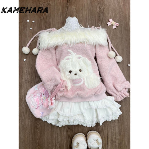 Sonicelife Japanese Sweet Pink One Shoulder Long Sleeve Hoodie Subculture Millennium Folded Cake Skirt Spring Y2K Two Piece Sets