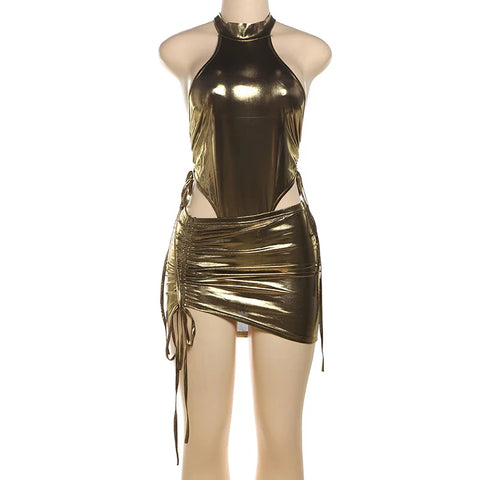 Sonicelife Women 2 Piece Shiny Gold Bandage Bodysuit Slim Mini Skirts Sets Metallic Color Drawstring Pleated Skirts Party Two Piece Outfits